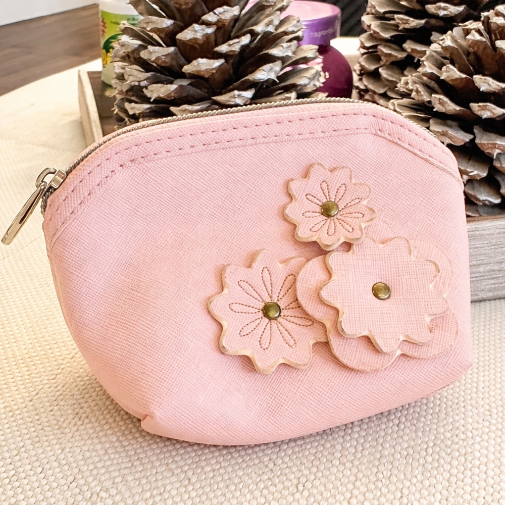 Small Pink Floral Appliqué Coin Purse/makeup bag